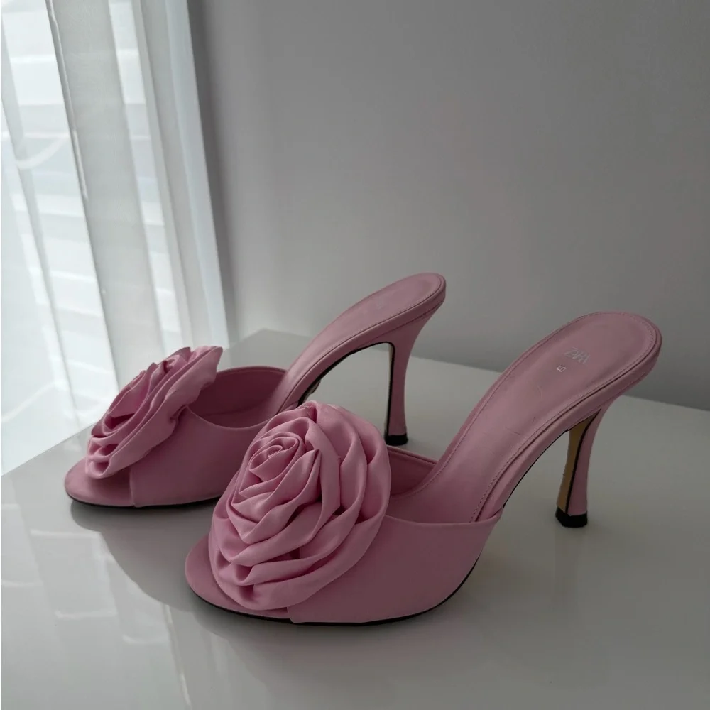 Zara | Satin Flower High Heel Slides - Picture 3 of 8